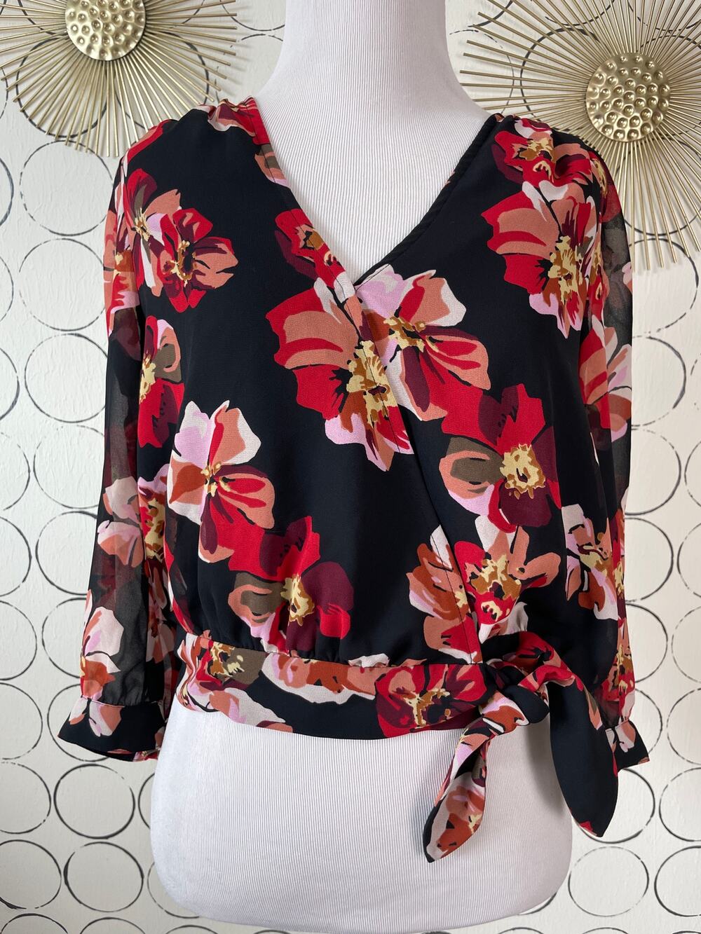 Madewell Womens Wrap Floral Blouse S Long Sleeve Cropped Sheer Feminine Career